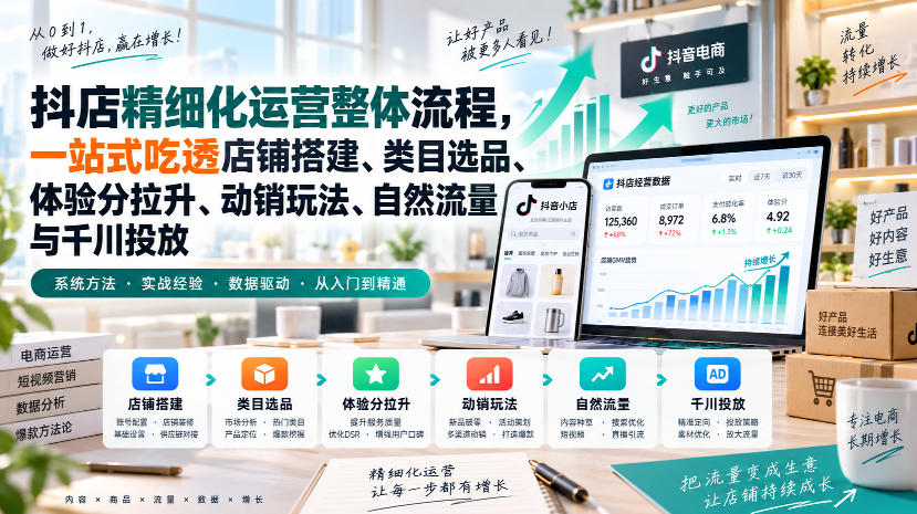 李哥电商-抖店精细化运营整体流程，一站式吃透店铺搭建、类目选品、体验分拉升、动销玩法、自然流量与千川投放-星辰网创 - 网创副业项目资源站