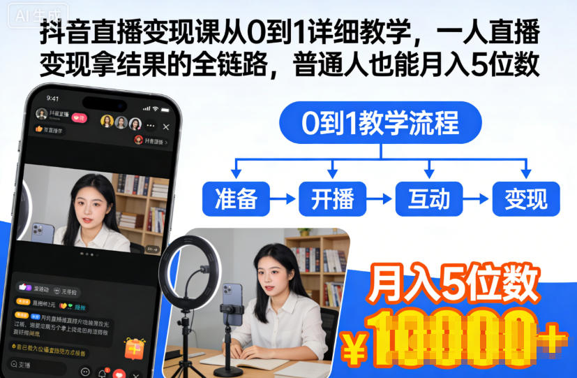 抖音直播变现课从0到1详细教学，一人直播变现拿结果的全链路，普通人也能月入5位数-星辰网创 - 网创副业项目资源站