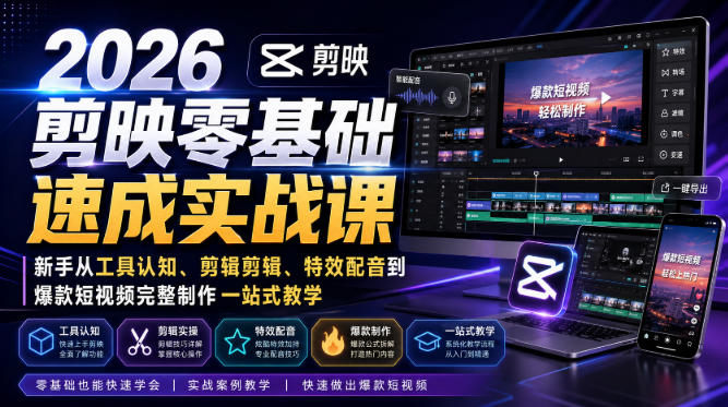 2026剪映零基础速成实战课|新手从工具认知、剪辑剪辑、特效配音到爆款短视频完整制作一站式教学-星辰网创 - 网创副业项目资源站