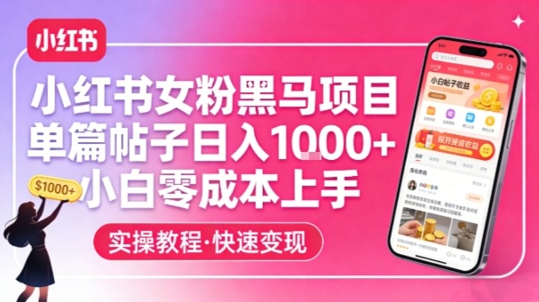 小红书女粉黑马项目，单篇帖子日入1k+，小白零成本上手-星辰网创 - 网创副业项目资源站