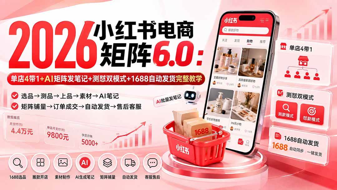 (20310期)2026小红书电商矩阵6.0:单店4带1+AI矩阵发笔记+测怼双模式+1688自动发货完整教学-星辰网创 - 网创副业项目资源站