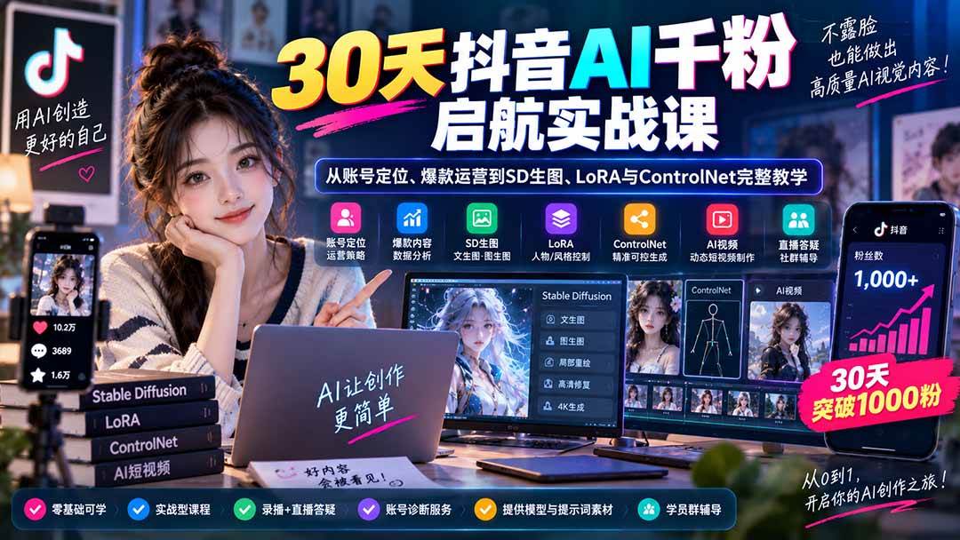 (20291期)30天抖音AI千粉启航实战课:从账号定位、爆款运营到SD生图、LoRA与ControlNet完整教学-星辰网创 - 网创副业项目资源站