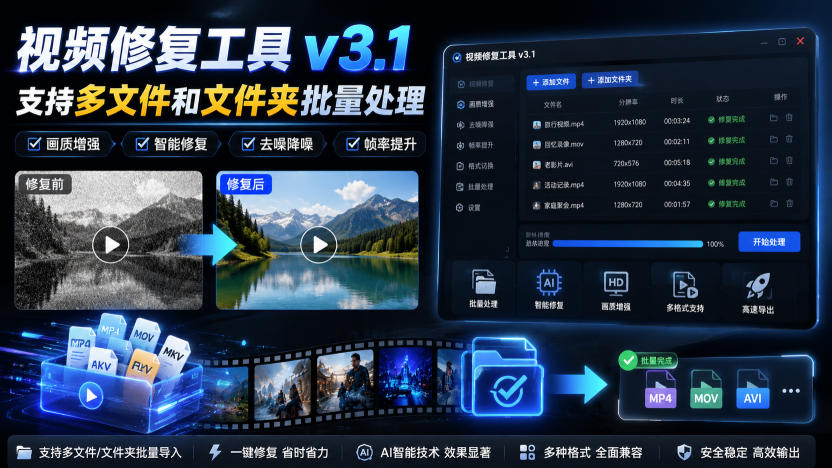 视频修复工具v3.1,支持多文件和文件夹批量处理-星辰网创 - 网创副业项目资源站
