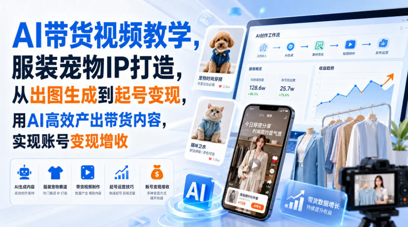 AI带货视频教学,服装宠物IP打造,从出图生成到起号变现,用AI高效产出带货内容,实现账号变现增收-星辰网创 - 网创副业项目资源站